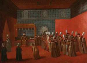 Ambassadeur Cornelis Calkoen bij zijn audiëntie met Sultan Ahmed III door Jean Baptiste Vanmour