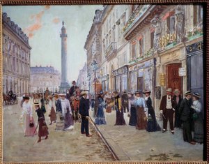 Uitgang van de arbeiders van het Paquin-huis rue de la Paix (Place Vendome met de kolom) door Jean Beraud