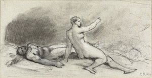 Naakte vrouw zittend met slapende naakte man (recto); vrouwelijk torso van achteren gezien (verso) door Jean Beraud