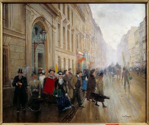 Het vertrek van het conservatorium in de rue du Faubourg Poissonnière door Jean Beraud