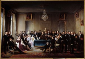 De dichter en toneelschrijver Francois Guillaume Andrieux leest zijn tragedie Junius Brutus in de foyer van de Comedie Francaise op 26/05/1828. Onder de aanwezigen Alexandre Dumas, Pierre Nicolas Michelot, Jean Francois Becquerel, Firmin, Victor Hugo, Euge door Jean Beraud