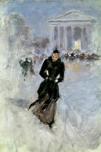 Jonge elegante vrouw met de boa in de rue Royale in Parijs
