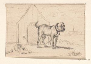 Aangelijnde hond, staande voor zijn hok door Jean Bernard