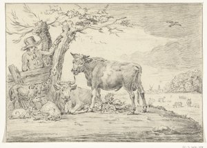 Boer staande bij een hek met vee door Jean Bernard