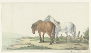 Een bruin en wit paard op een weg naast een hek door Jean Bernard