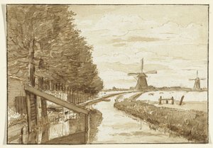 Landschap met een vaart en twee molens door Jean Bernard
