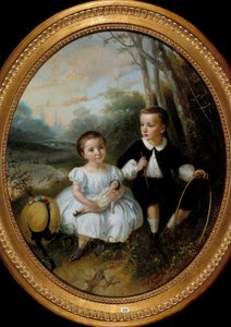 Het kind met hoepel Schilderij door Bertou (19e eeuw) 1863 Privécollectie. door Jean Bertou