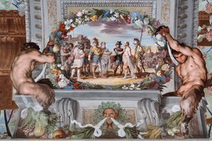 Acete, gevangen gehouden door twee soldaten, vertelt de daden van Bacchus aan Pentheus en zijn gevolg van krijgers