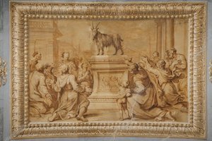 Faux verguld reliëf, met de geit geplaatst op het versierde altaar en omringd door aanbiddende figuren