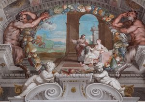 Een van de eenenveertig panelen met scènes die de gebeurtenissen van Bacchus vertellen door Jean Boulanger