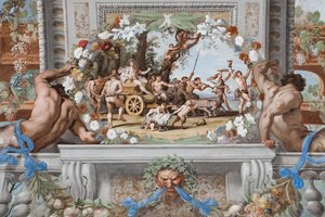 De triomfwagen van Bacchus, getrokken door panters en vergezeld door Sileni en Bacchanten