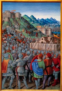 De Genuezen vielen de Castellacio de Genes aan, bewaakt door de Fransen (12 maart 1507). Miniatuur door Jean Bourdichon (1457? - 1521) in “Voyage de Genes” (Folio 20v) geschreven door Jean Marot, ca. 1508. Parijs, NL door Jean Bourdichon