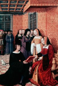 De dichter Jean Marot (1450-1526) overhandigt zijn werk Voyage to Genoa aan Anne van Bretagne (1477-1514), ca. 1508, miniatuur door Jean Bourdichon (1457-1521), Frankrijk