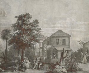 Familietijd, behangpaneel uit de serie "Paul et Virginie", door Dufour & Cie, ca.1823