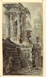 Architectonische fantasie met badende figuren door Jean Charles Delafosse