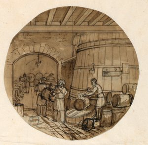 Tekening, ontwerp voor een beschilderd porseleinen bord, interieur van een wijnstokerij, 1831-44