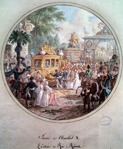 Intocht van koning Karel X in Reims, mei 1825. Gravure door Jean Charles Develly