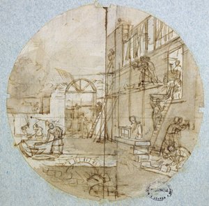 De werkplaats van de metselaar, plaatontwerp voor een dienst die verschillende beroepen uitbeeldt, ca. 1820-35