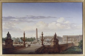 De Place de la Concorde, gezien vanaf het terras aan de waterkant; koning Louis-Philippe steekt het plein over in een koets, in 1846 door Jean Charles Geslin