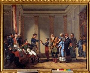 Liefdadigheid van Keizer Napoleon I tijdens de Poolse campagne in januari 1807: Keizer geeft een pensioen van honderd napoleons aan Nerocki, 117 jaar oud door Jean Charles Tardieu