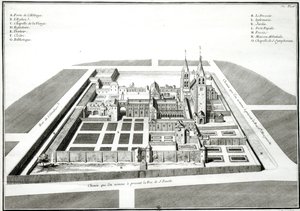Uitzicht op de abdij van Saint-Germain-des-Pres voor 1640, gegraveerd door Antoine Herisset (1685-1769) door Jean Chaufourier
