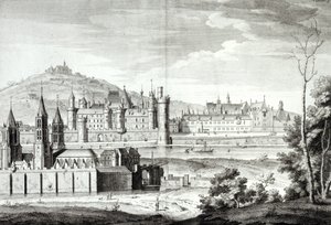 Zicht op de Abdij van Saint-Germain-des-Prés, het Louvre, Petit Bourbon, Montmartre en de Seine in 1410, gegraveerd door Antoine Herisset (1685-1769) door Jean Chaufourier