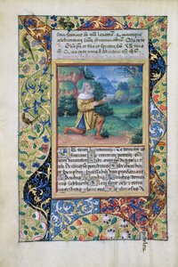 Koning David in boetedoening voor God de Vader, uit het Getijdenboek van Lodewijk van Orléans, 1490 door Jean Colombe