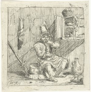Man zit in de keuken op een omgedraaide wastobbe en eet door Jean Covitré