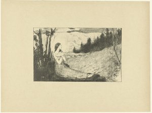Heilige Agnes zit op rots in landschap door Jean Danguy