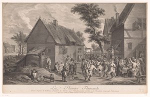 Dansende mensen voor een herberg door Jean Daullé