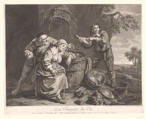 Vrouw slapend bij een ton met wijnglas in de hand door Jean Daullé