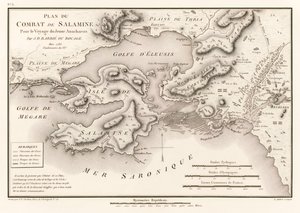 Plan van de Slag bij Salamis voor de reis van de jonge Anacharsis (Plan van de Slag bij Salamis 480 v.Chr.) door Jean Denis Barbie du Bocage (1760-1825) uit Voyage du jeune Anacharsis en Grèce (Reizen van Ana door Jean Denis Barbie du Bocage