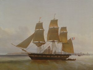 Drie-mast boot, in de haven van Le Havre, 1846 door Jean Dominique Drouin