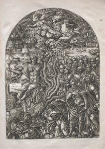 De Apocalyps: Babylon de hoer, gezeten op het zevenkoppige beest