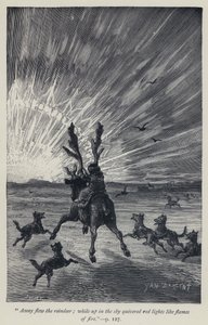 "Weg vlogen de rendieren, terwijl in de lucht rode lichten trilden als vlammen van vuur" door Jean Edouard Dargent