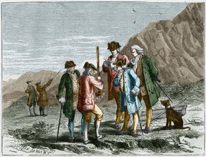 Florin Perier meet de hoogte van de barometer (kwikbuis) van Evangelista Torricelli tijdens het experiment over de zwaartekracht van de lucht van Blaise Pascal, op de top van de Puy de Dome (1648). Gravure door Yan Dargent.