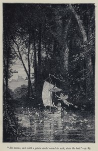 "Zes zwanen, elk met een gouden cirkel om hun nek, trokken de boot" door Jean Edouard Dargent
