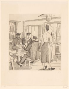 Caféinterieur met klanten en serveerster