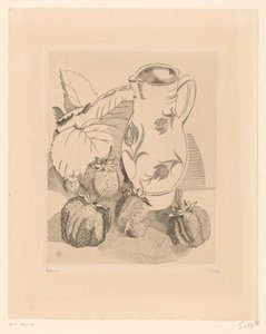 Stilleven met aardbeien en kan