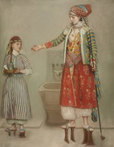 Een dame in Turkse kleding met haar dienaar in de hammam, midden 18e eeuw door Jean Étienne Liotard