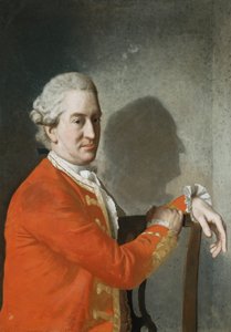 Portret van James Hamilton, 2e graaf van Clanbrassil, half lengte, in een rode jas, zittend in een mahoniehouten stoel, zijn profiel in schaduw op de muur achter hem door Jean Étienne Liotard