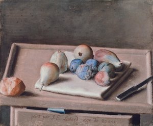 Stilleven met peren, vijgen, pruimen, broodje en mes op tafel