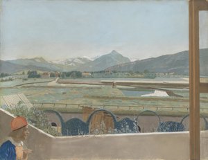 Uitzicht op het Mont Blanc-massief vanuit het atelier van de kunstenaar te Genève, met zelfportret door Jean Étienne Liotard