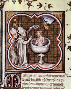 Doop van Clovis (466-511) door Sint Remigius (Saint Remi) in Reims in 496: de Heilige Geest brengt de heilige ampul met de heilige chrisma die wordt gebruikt voor de zalving van koningen. Miniatuur in “Grandes chroniques de France” door Jean Fouquet (1420- door Jean Fouquet