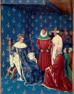 Karel V ontvangt de ambassadeurs van Karel IV, keizer van het Heilige Roomse Rijk in 1377. Miniatuur uit een manuscript van Jean Fouquet