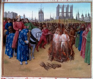 Veroordeling en marteling van de amauriciërs (aanhangers van Amaury de Chartres, Franse filosoof en theoloog uit de 12e eeuw) in aanwezigheid van Filips II, bekend als Filips August (1165-1223). Manuscript 