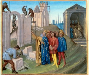 Bouw van het paleis van Aken (796-805) door Karel de Grote (742-814) die toezicht houdt op de bouwplaats. Rechts, Pepijn de Bult (770-811) die monnik wordt. Miniatuur uit 