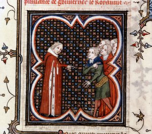 Etienne Marcel, een provoost van de kooplieden van Parijs, verteld door koning Jan II de Goede van Frankrijk om de "Grande Ordonance" van 1357 te respecteren en berispt voor zijn gedrag, in "De Grote Kronieken van Frankrijk" door Jean Fouquet, c. 1460