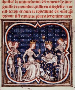 Koning van Frankrijk Filips I (1052-1108) met zijn vrouw Berthe van Holland en hun kinderen Constance van Frankrijk (1078-1125) en Lodewijk VI (1081-1137). Miniatuur uit 