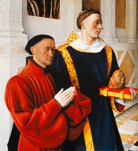Linker paneel van het Melun-diptiek: Etienne Chevalier met zijn beschermheilige St. Stefanus